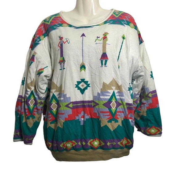 Vintage 90s Puffy Sweatshirt Top Teal Green Purple Southwest Kachina - Picture 1 of 8